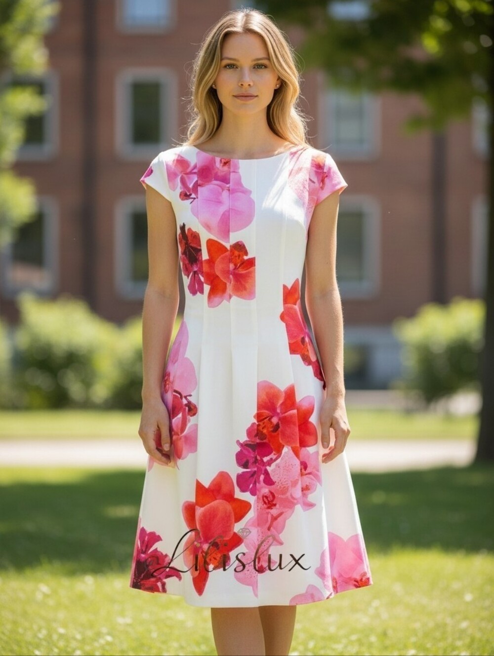 Calvin Klein Size 10 White Pink And Coral Cap Sleeve Scuba Fabric Midi Dress